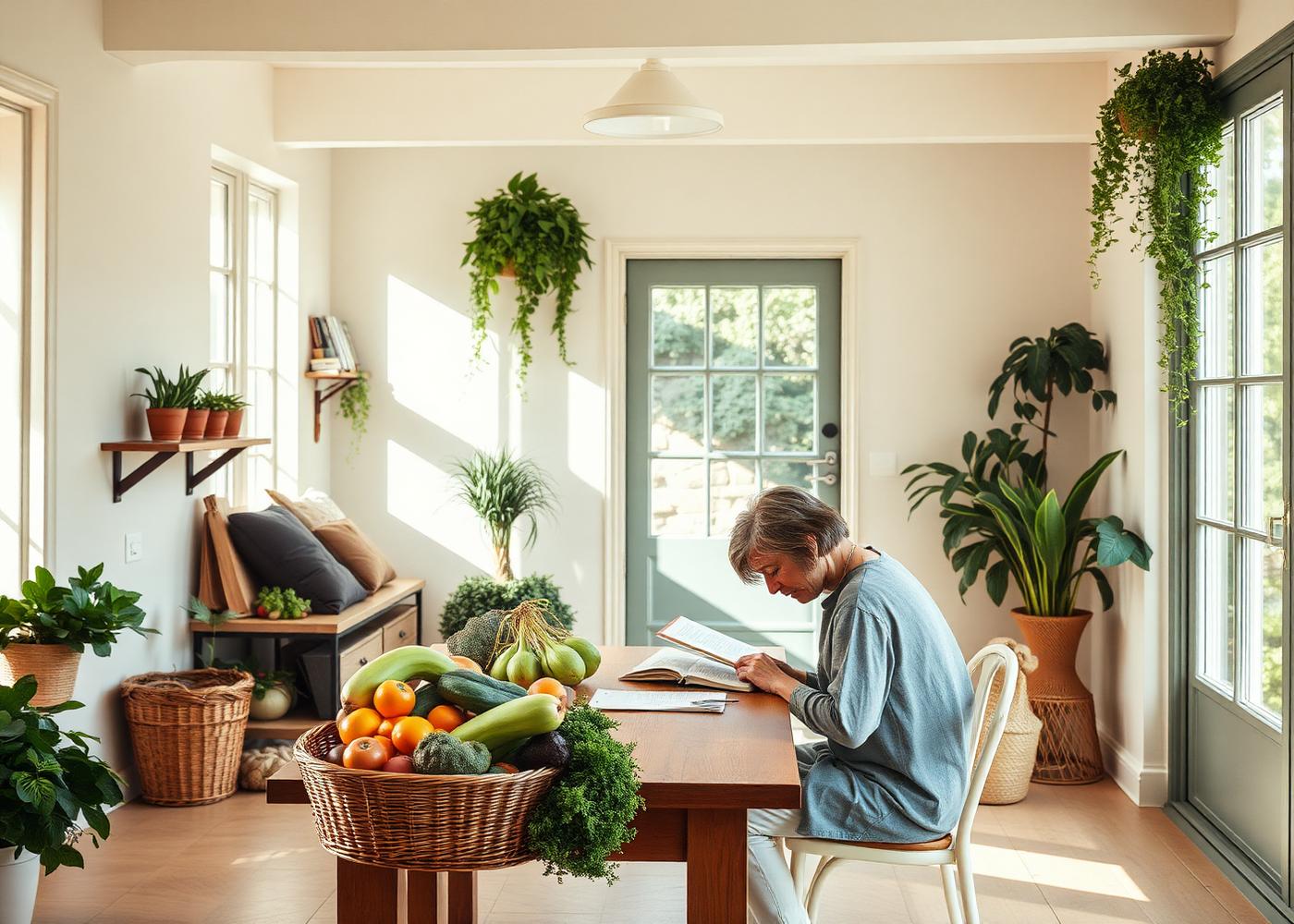 Bright, plant-filled space with fresh produce and someone reading at a table