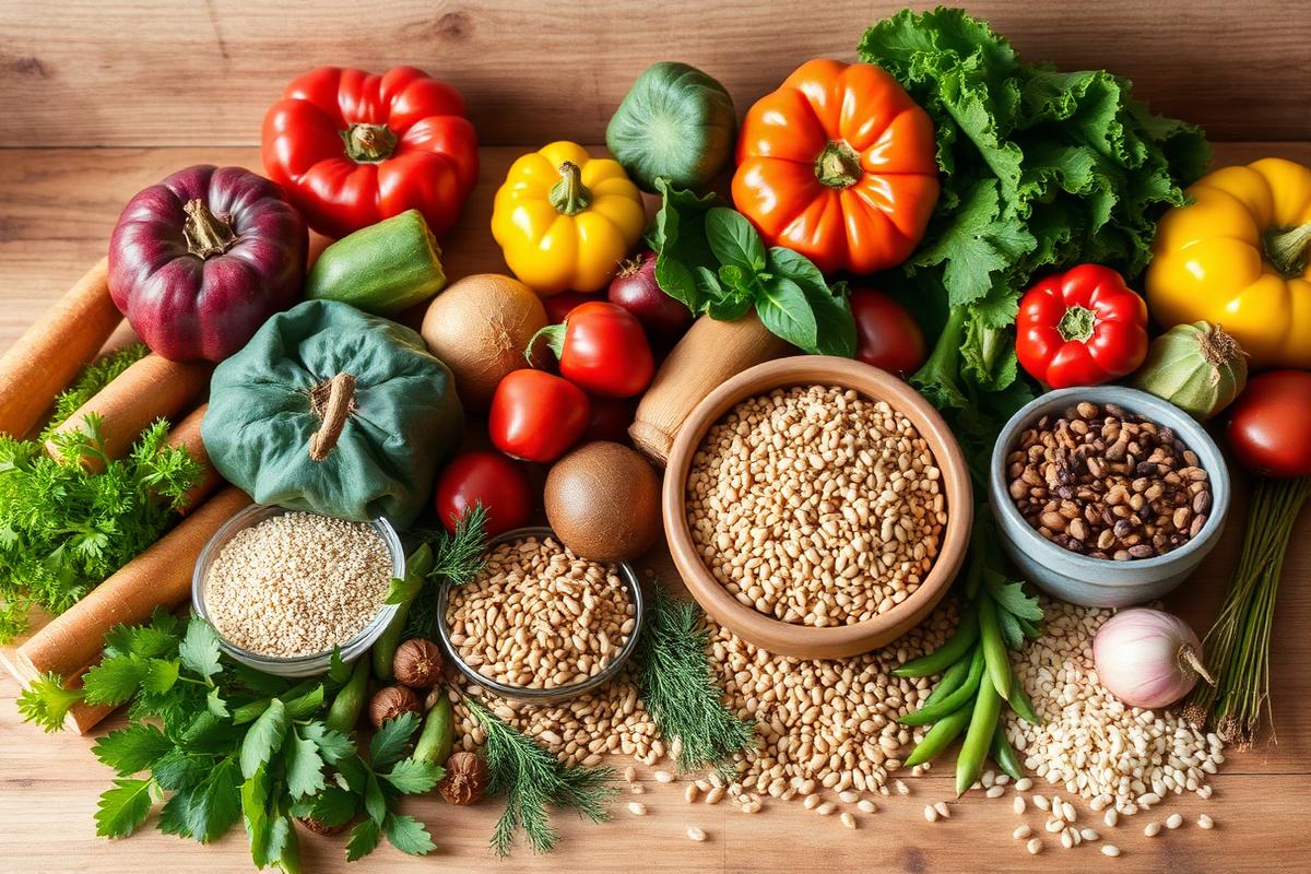 Fresh vegetables, grains, legumes and herbs arranged on a wooden counter