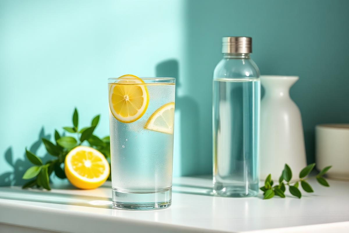 Glass of water with lemon beside a reusable bottle and fresh greenery