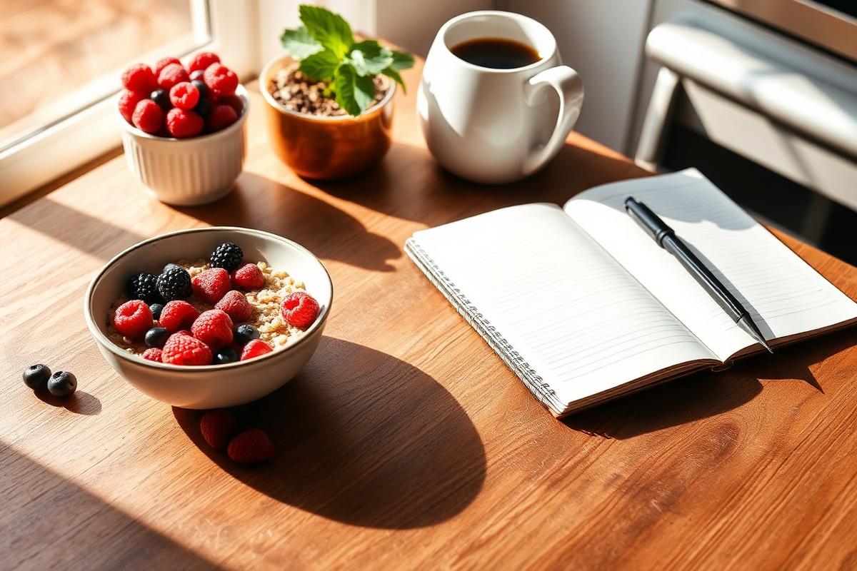 Sunlit breakfast table with oatmeal, berries, coffee and an open notebook