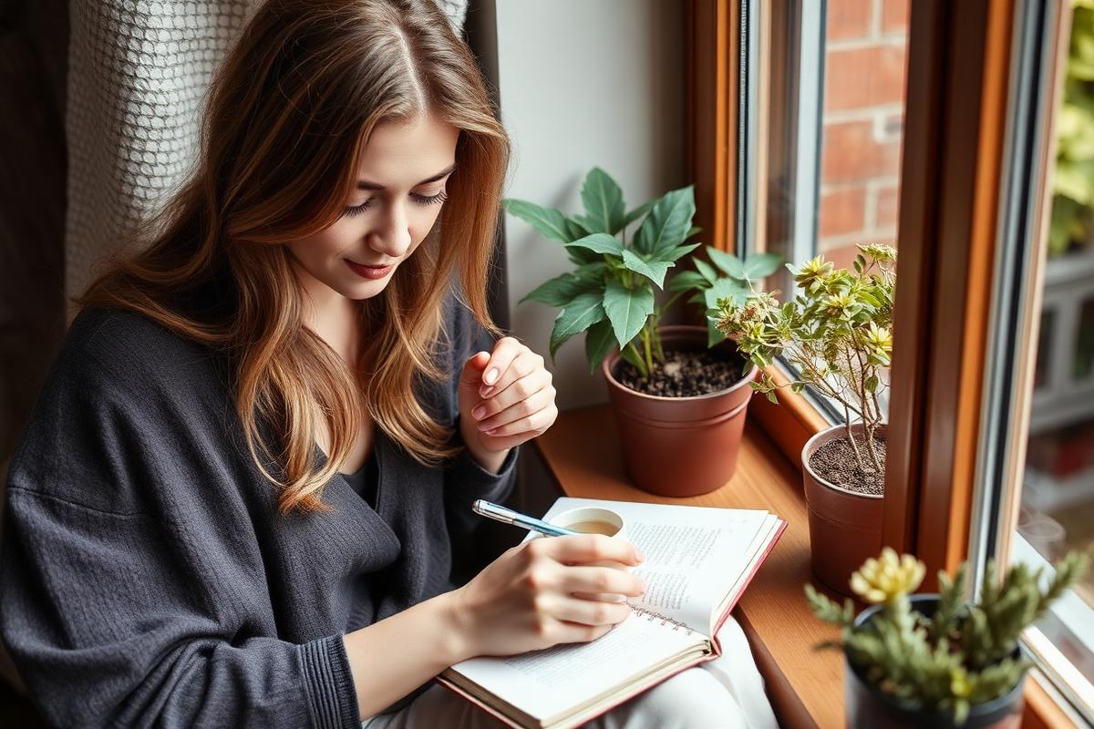 Woman journaling with a cup of tea beside a plant-filled window