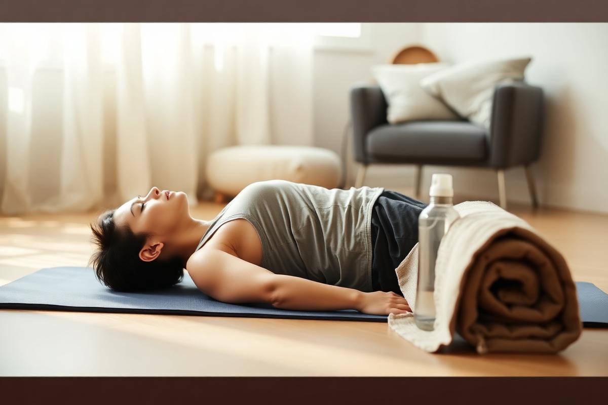 Person resting and stretching on a yoga mat at home in soft daylight