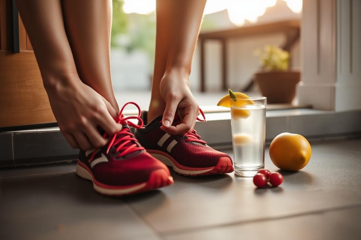 Person lacing running shoes beside a glass of water and fresh fruit