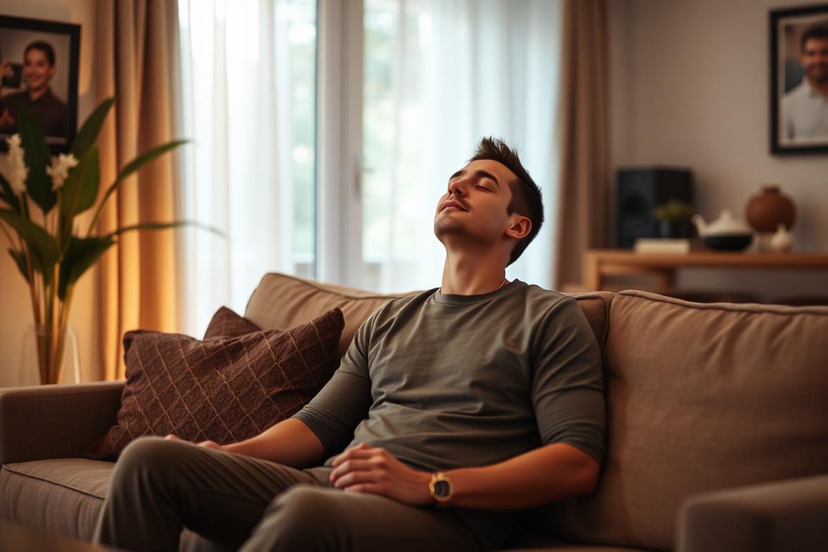 Man sitting on a sofa with eyes closed, breathing calmly in soft light