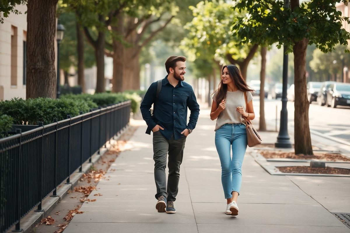Two friends walking along a leafy city sidewalk in the afternoon