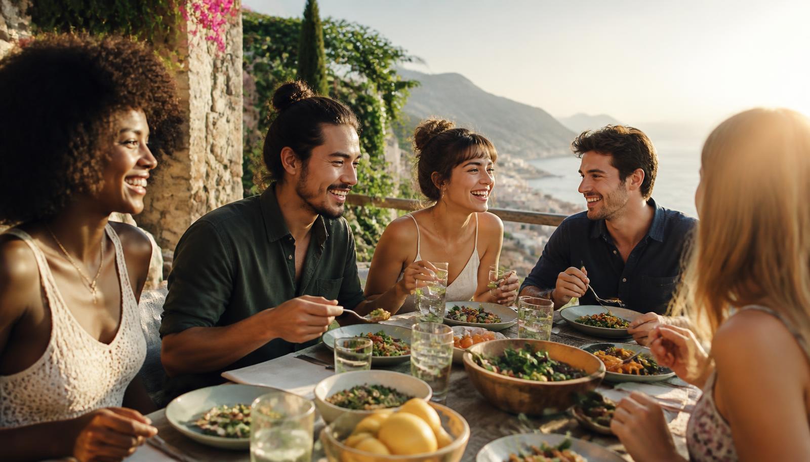 Friends sharing a healthy meal outdoors on a sunny terrace