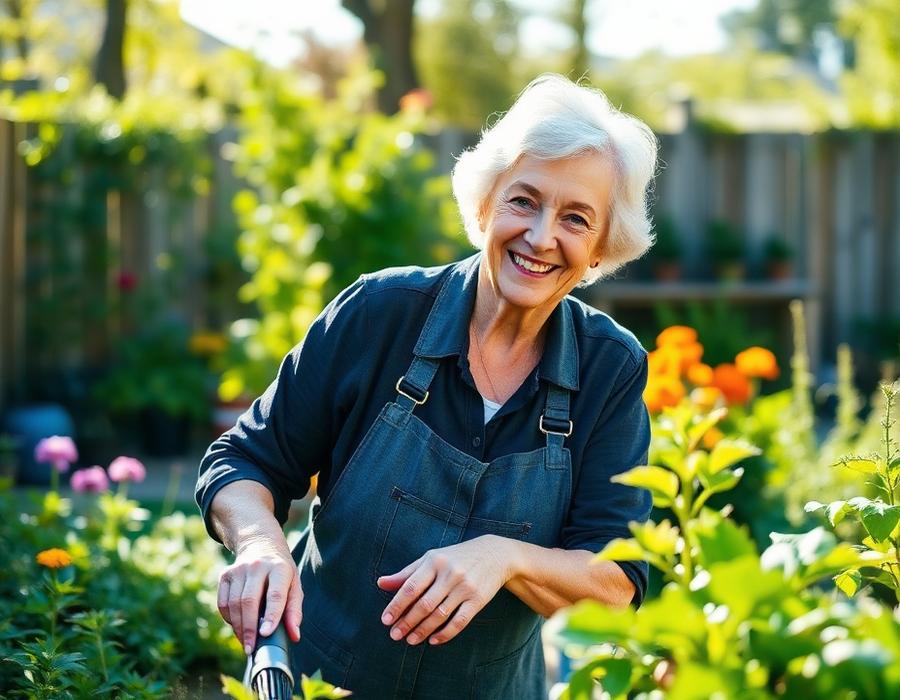 Smiling senior woman gardening in a sunny backyard