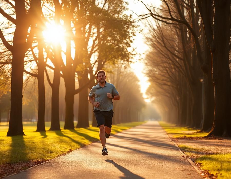 Man jogging along a tree-lined park path at sunrise