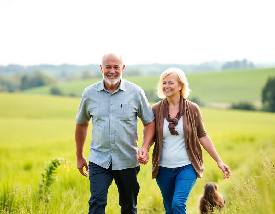 Couple walking hand in hand through a green countryside field