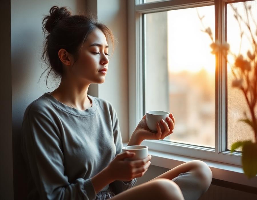 Woman resting peacefully by a window with a warm cup of tea
