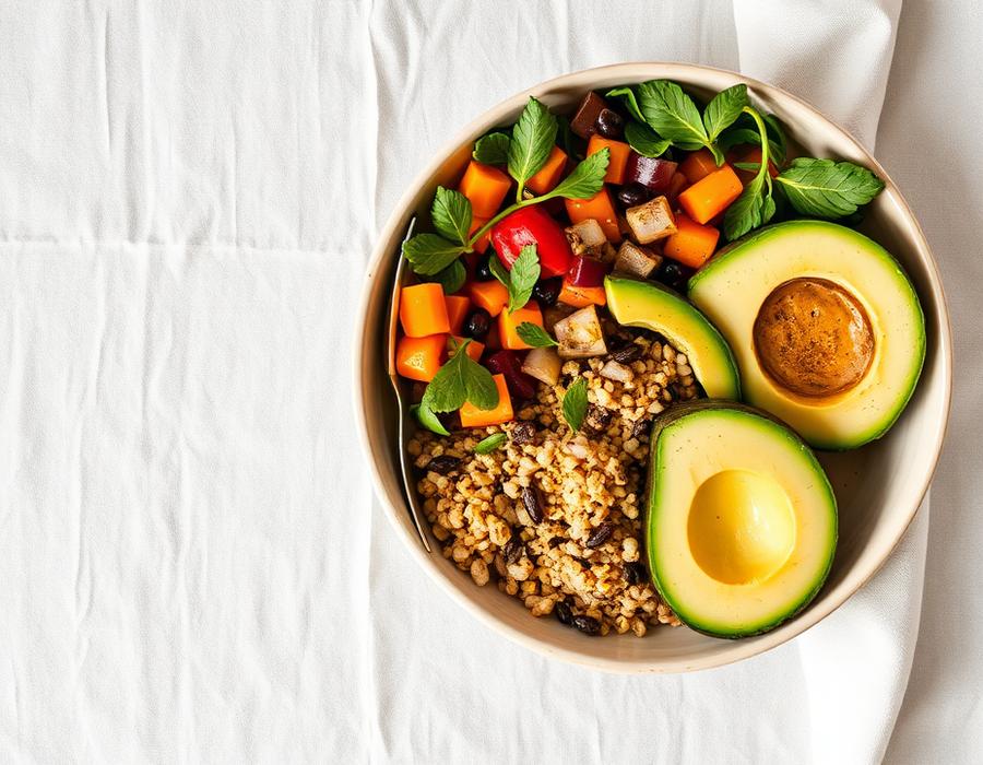 Overhead view of a balanced meal bowl with vegetables, grains and avocado