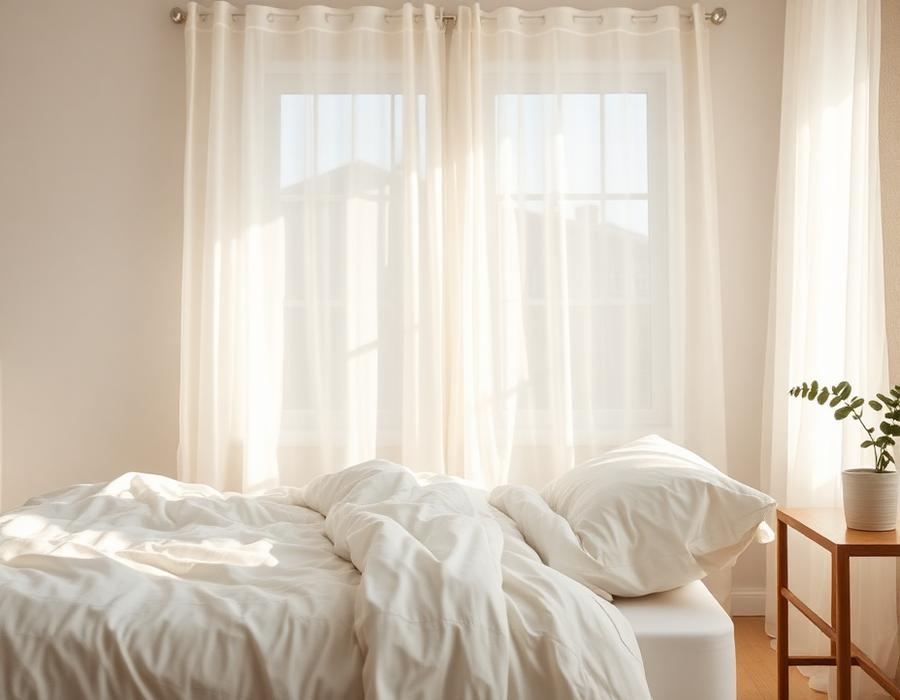 Calm bedroom with white bedding in soft morning light